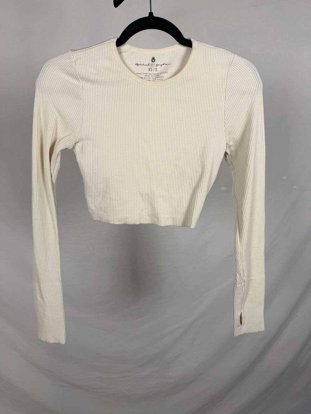 Spiritual Gangster Ivory Cream Ribbed Long Sleeve Crop Top Thumbholes Size XS/S